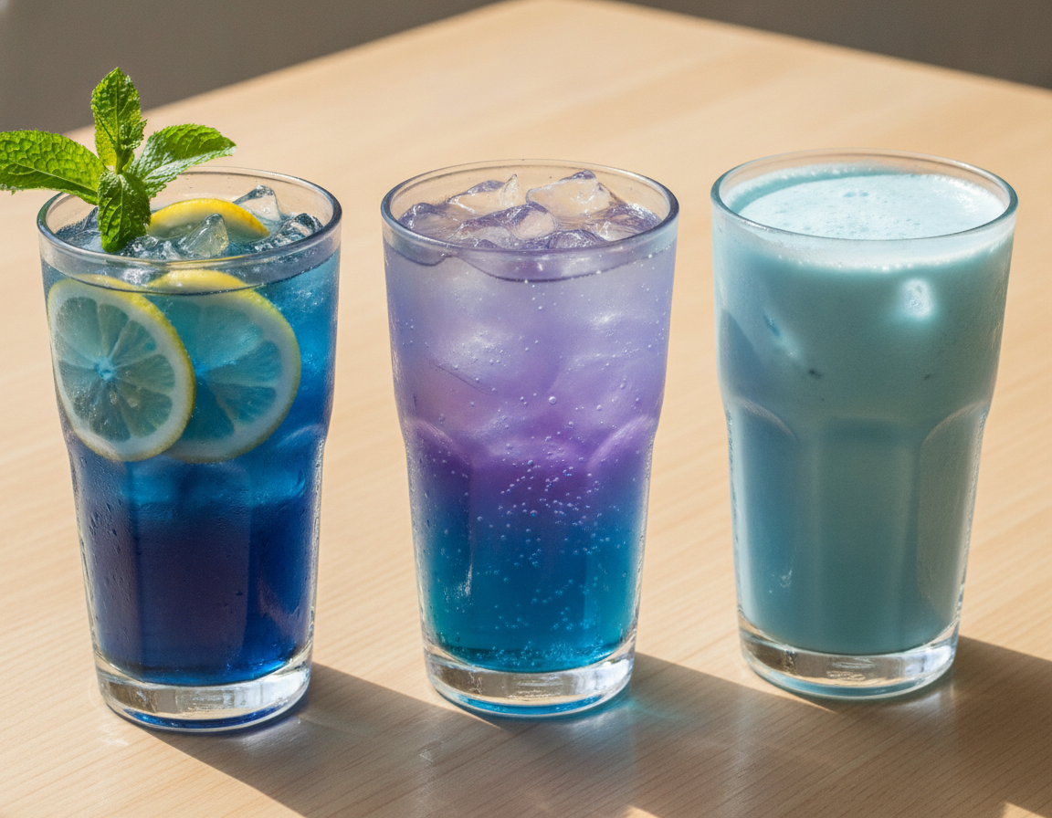 Modrý čaj 3× jinak: ledový čaj, perlivá limonáda a kokosové latte